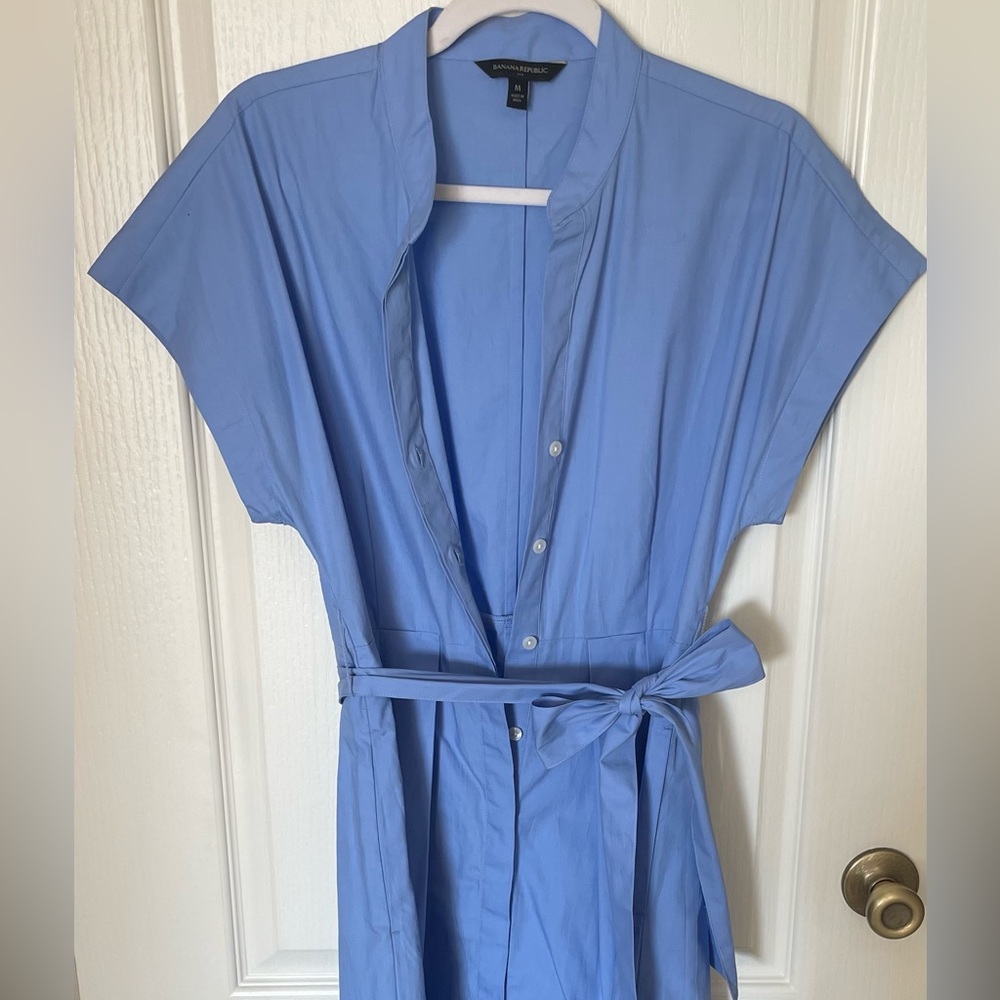 Banana Republic Poplin Short Sleeve Tie Waist Shirt Blue Work Midi Dress - Picture 8 of 9